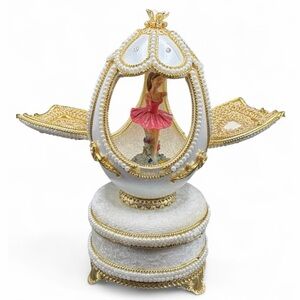 Handmade Faberge Style Real Egg Bejeweled Ballerina Music Box Collectible Decor